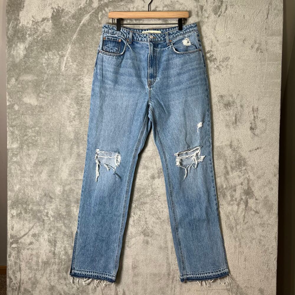 GRLFRND Harlow High Rise Boot Slit Jeans Size 32 Distressed Raw Hem Blue Diamond